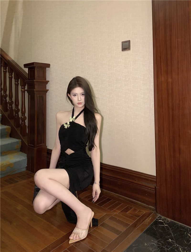 Graceful Glittering Butterflies Design Black Maxi Skirt Casual Cinched-Waist Cutout High-Slit Halter Long Dress AP1975