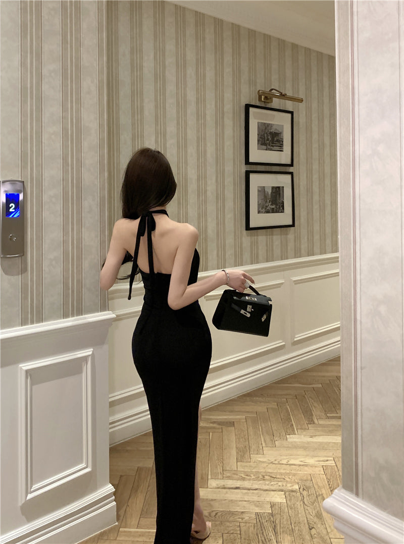 Graceful Glittering Butterflies Design Black Maxi Skirt Casual Cinched-Waist Cutout High-Slit Halter Long Dress AP1975