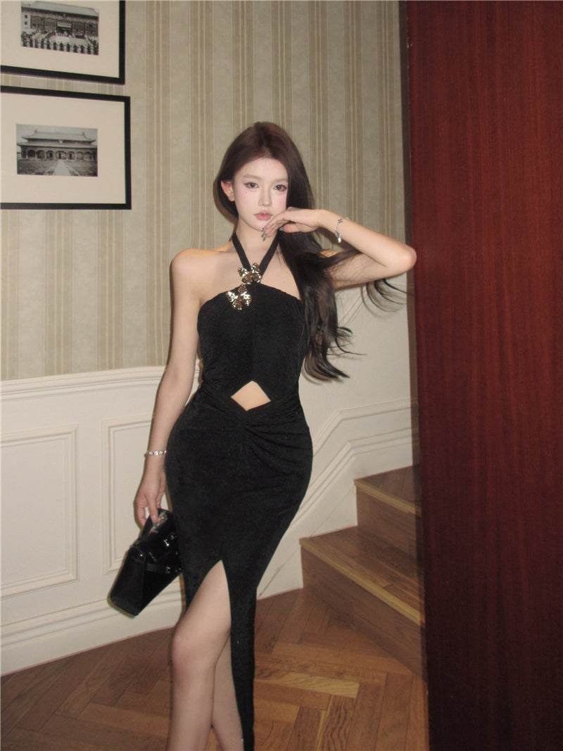 Graceful Glittering Butterflies Design Black Maxi Skirt Casual Cinched-Waist Cutout High-Slit Halter Long Dress AP1975