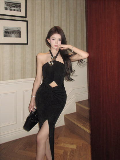 Graceful Glittering Butterflies Design Black Maxi Skirt Casual Cinched-Waist Cutout High-Slit Halter Long Dress AP1975