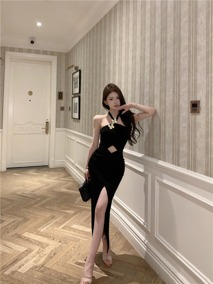 Graceful Glittering Butterflies Design Black Maxi Skirt Casual Cinched-Waist Cutout High-Slit Halter Long Dress AP1975