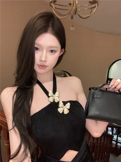 Graceful Glittering Butterflies Design Black Maxi Skirt Casual Cinched-Waist Cutout High-Slit Halter Long Dress AP1975