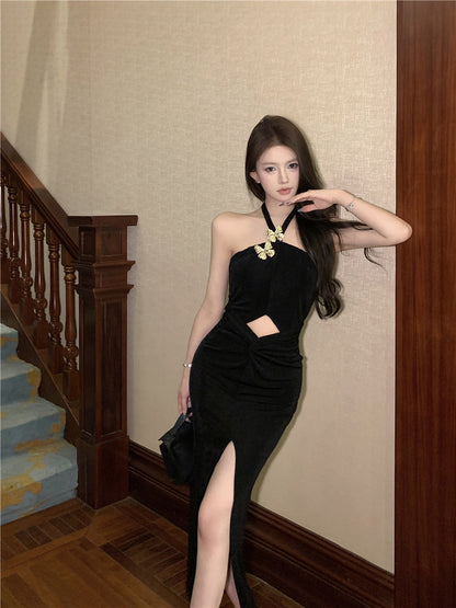 Graceful Glittering Butterflies Design Black Maxi Skirt Casual Cinched-Waist Cutout High-Slit Halter Long Dress AP1975