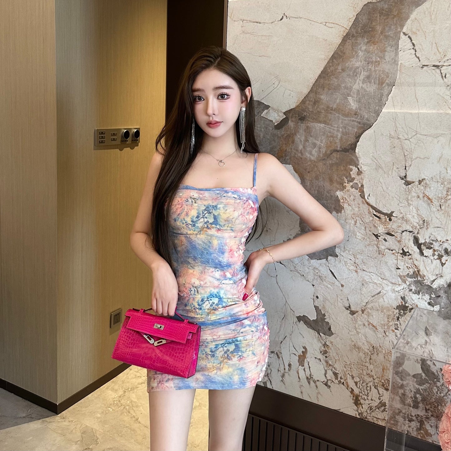 French Style Sheer Floral Mesh Overlay Mini Dress Vogue Date Nights Bodycon Spaghetti Strap Tie-Dye Short Dress AP1976