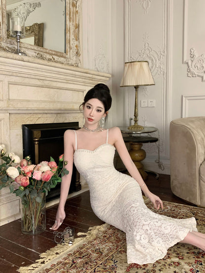 Alluring Ivory Textured Fabric Rhinestone Trimmed Midi Dress Vogue Spaghetti Straps Bodycon Fit Long Dress AP1977