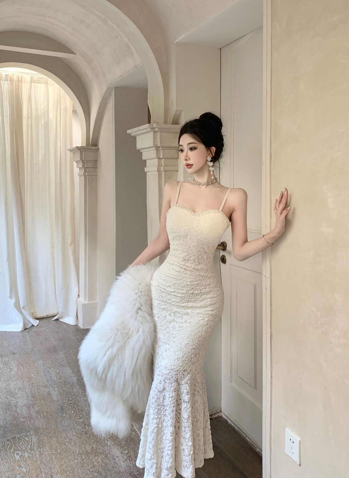 Alluring Ivory Textured Fabric Rhinestone Trimmed Midi Dress Vogue Spaghetti Straps Bodycon Fit Long Dress AP1977