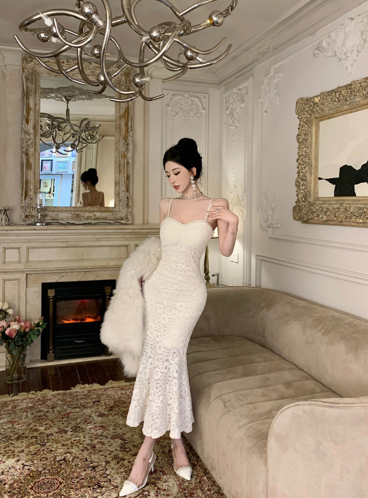 Alluring Ivory Textured Fabric Rhinestone Trimmed Midi Dress Vogue Spaghetti Straps Bodycon Fit Long Dress AP1977