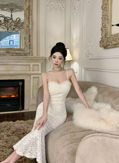 Alluring Ivory Textured Fabric Rhinestone Trimmed Midi Dress Vogue Spaghetti Straps Bodycon Fit Long Dress AP1977