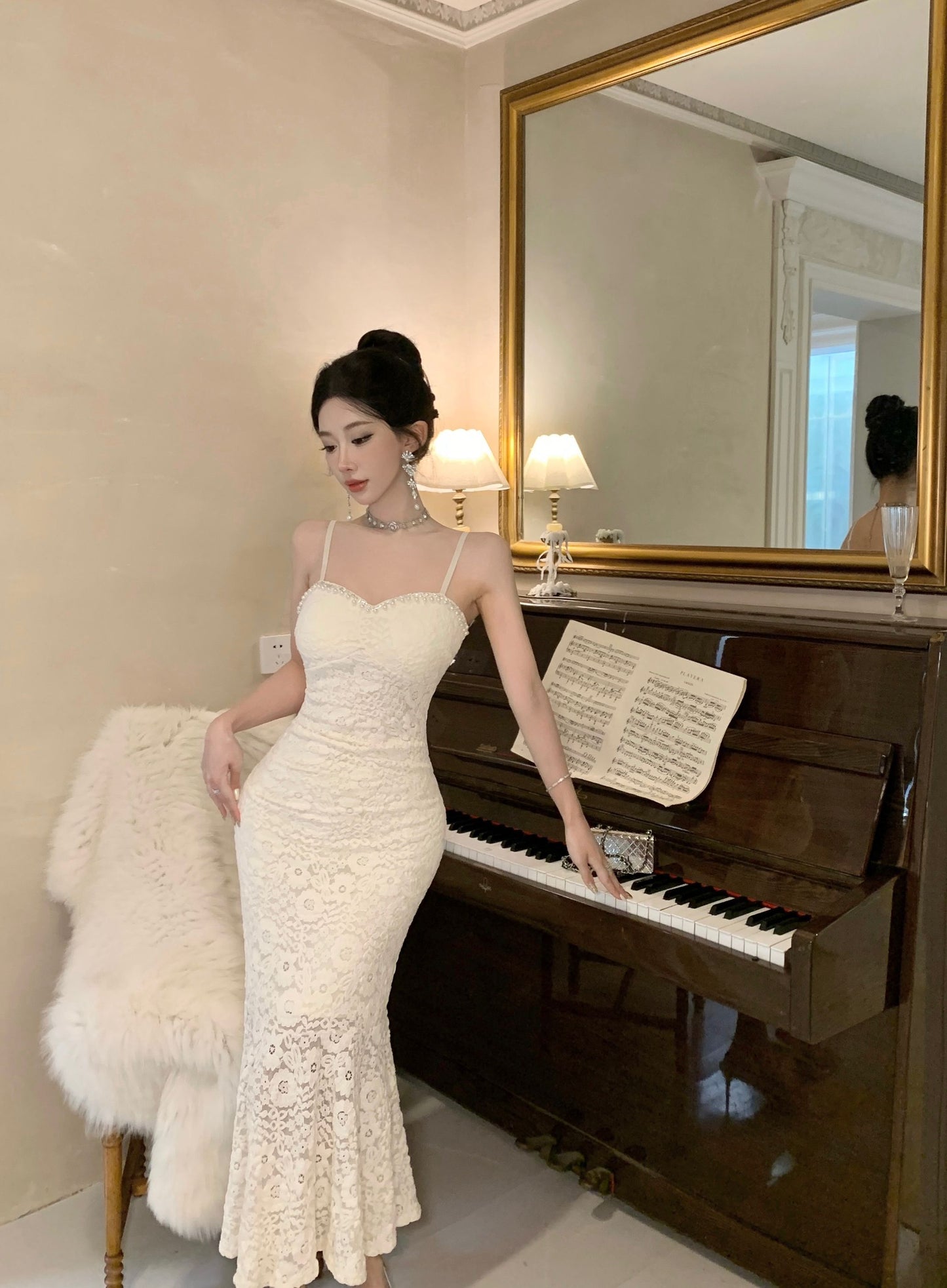 Alluring Ivory Textured Fabric Rhinestone Trimmed Midi Dress Vogue Spaghetti Straps Bodycon Fit Long Dress AP1977