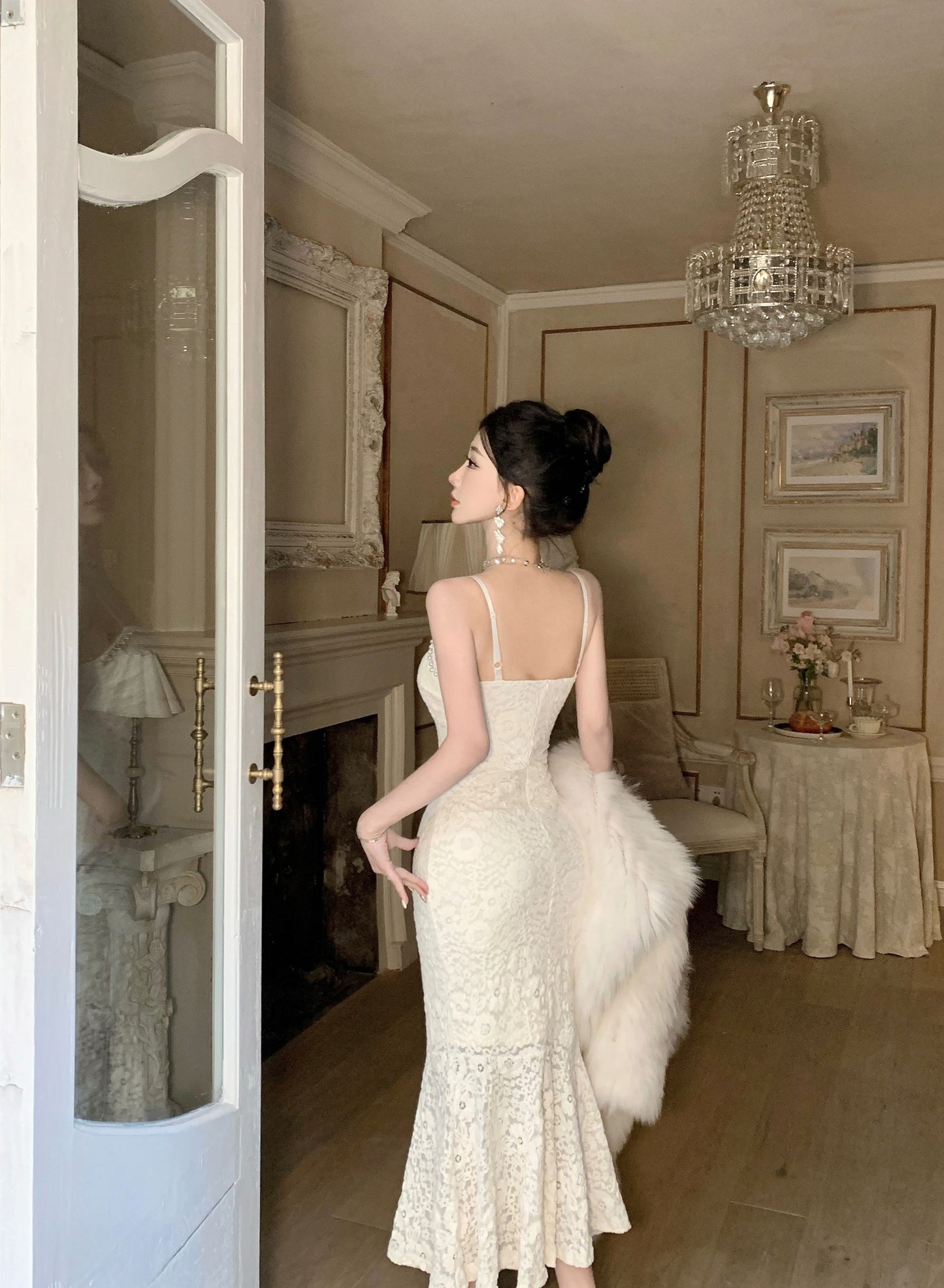 Alluring Ivory Textured Fabric Rhinestone Trimmed Midi Dress Vogue Spaghetti Straps Bodycon Fit Long Dress AP1977