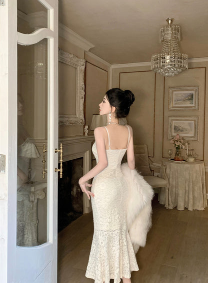 Alluring Ivory Textured Fabric Rhinestone Trimmed Midi Dress Vogue Spaghetti Straps Bodycon Fit Long Dress AP1977