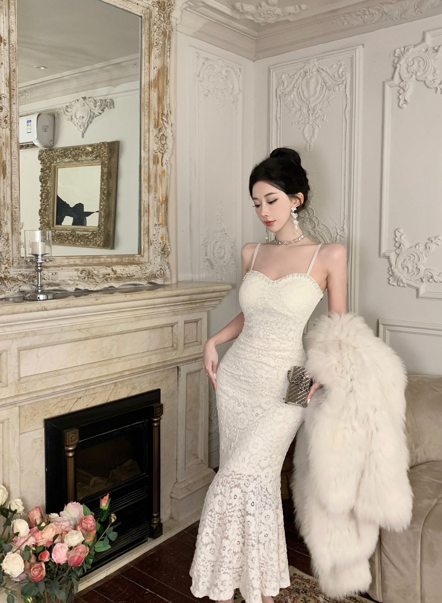 Alluring Ivory Textured Fabric Rhinestone Trimmed Midi Dress Vogue Spaghetti Straps Bodycon Fit Long Dress AP1977