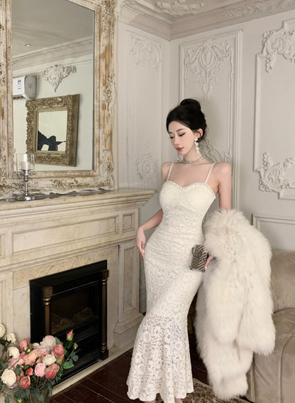 Alluring Ivory Textured Fabric Rhinestone Trimmed Midi Dress Vogue Spaghetti Straps Bodycon Fit Long Dress AP1977