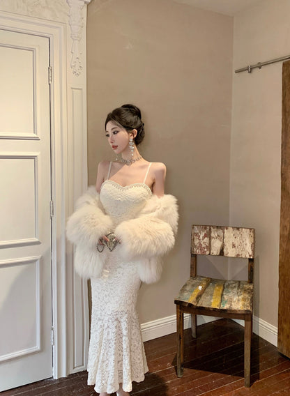 Alluring Ivory Textured Fabric Rhinestone Trimmed Midi Dress Vogue Spaghetti Straps Bodycon Fit Long Dress AP1977