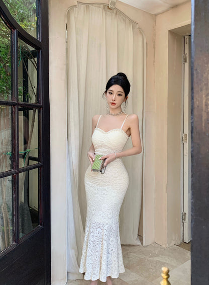 Alluring Ivory Textured Fabric Rhinestone Trimmed Midi Dress Vogue Spaghetti Straps Bodycon Fit Long Dress AP1977