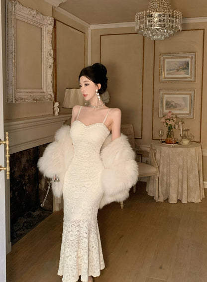 Alluring Ivory Textured Fabric Rhinestone Trimmed Midi Dress Vogue Spaghetti Straps Bodycon Fit Long Dress AP1977