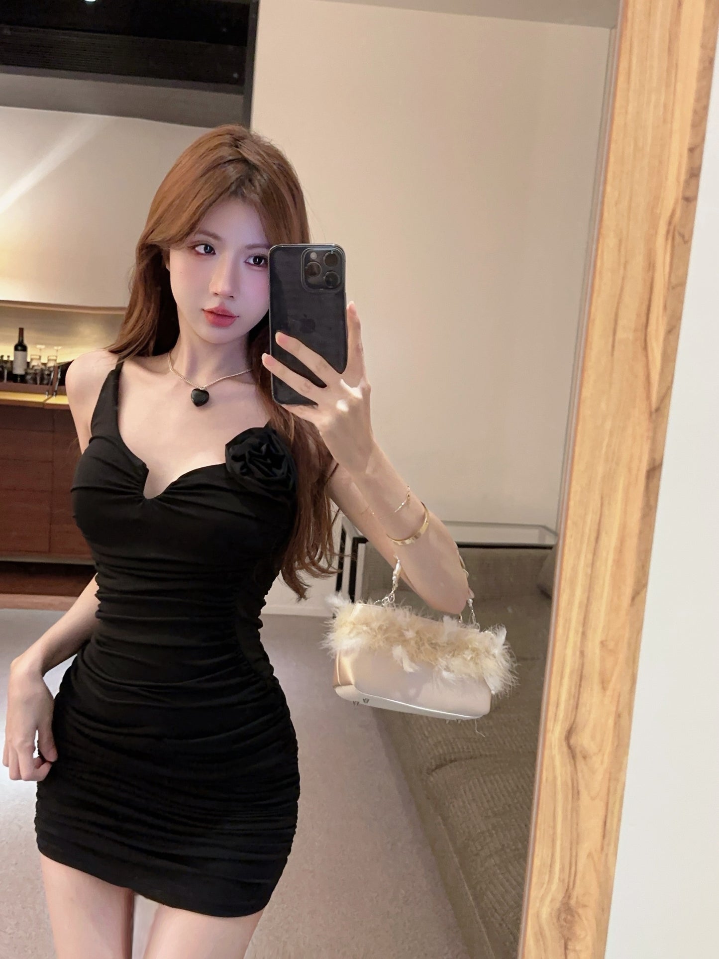 Sexy Black Spaghetti Strap Bodycon Mini Dress Hot Girls 3D Flower Ruched Fit Short Dress AP1978
