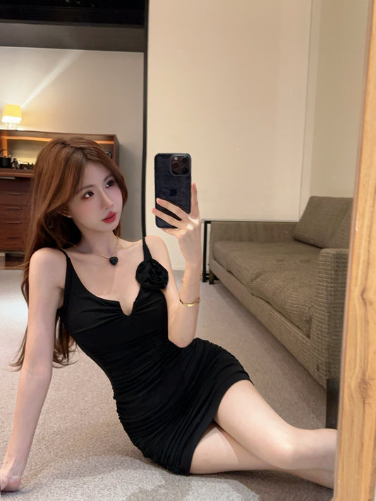 Sexy Black Spaghetti Strap Bodycon Mini Dress Hot Girls 3D Flower Ruched Fit Short Dress AP1978
