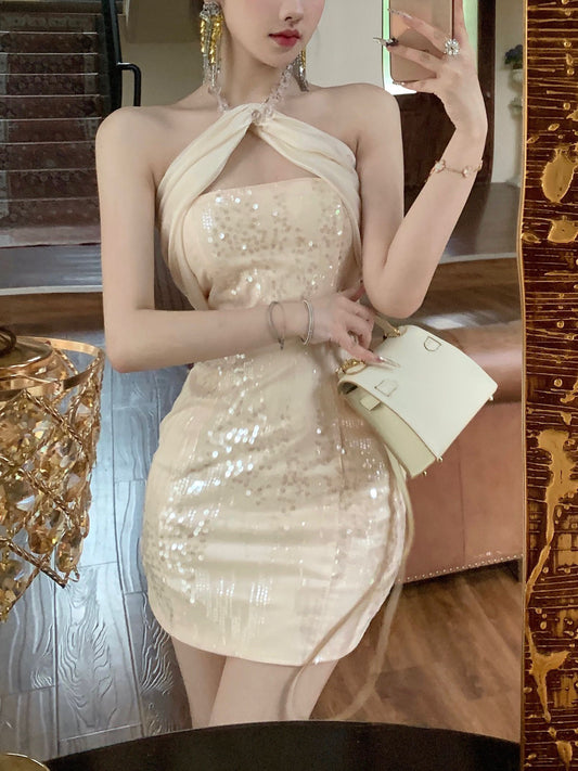 Glamorous Beige Rhinestone Neckline Glittering Sequin Mini Dress Elegant Drape Bodycon Fit Halter Short Dress AP1979