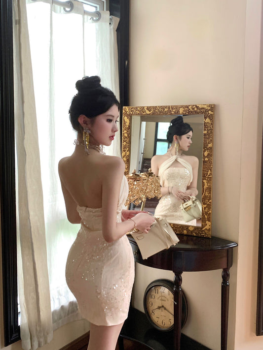 Glamorous Beige Rhinestone Neckline Glittering Sequin Mini Dress Elegant Drape Bodycon Fit Halter Short Dress AP1979