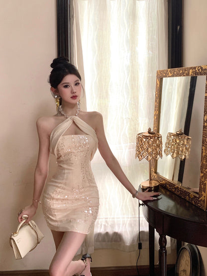 Glamorous Beige Rhinestone Neckline Glittering Sequin Mini Dress Elegant Drape Bodycon Fit Halter Short Dress AP1979