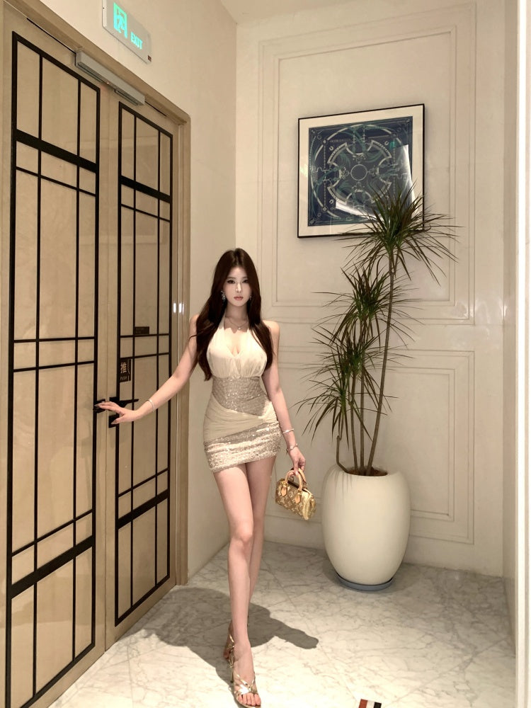 Charming Waist Sheer Chiffon Drape Sequins Accent Mini Dress Parties Outfit Tulle Tie-Back Sheath Halter Short Dress AP1980