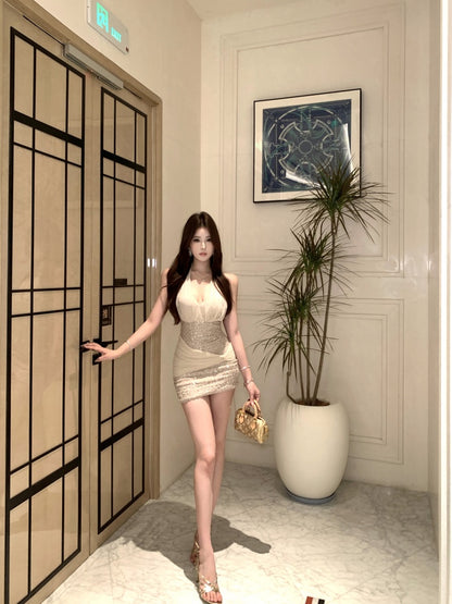 Charming Waist Sheer Chiffon Drape Sequins Accent Mini Dress Parties Outfit Tulle Tie-Back Sheath Halter Short Dress AP1980