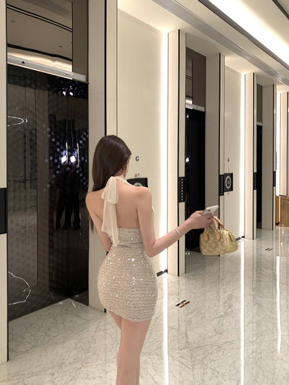 Charming Waist Sheer Chiffon Drape Sequins Accent Mini Dress Parties Outfit Tulle Tie-Back Sheath Halter Short Dress AP1980