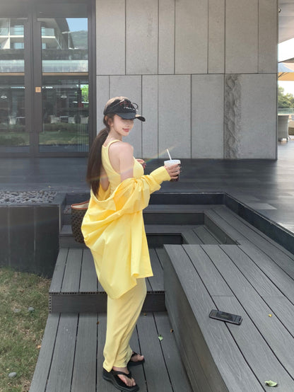 Vibrant Yellow Summer Vacation OOTD Maxi Dress Casual Everyday Wear Sheath Ribbed Knit Long Dress AP1981
