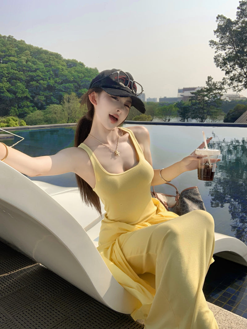 Vibrant Yellow Summer Vacation OOTD Maxi Dress Casual Everyday Wear Sheath Ribbed Knit Long Dress AP1981