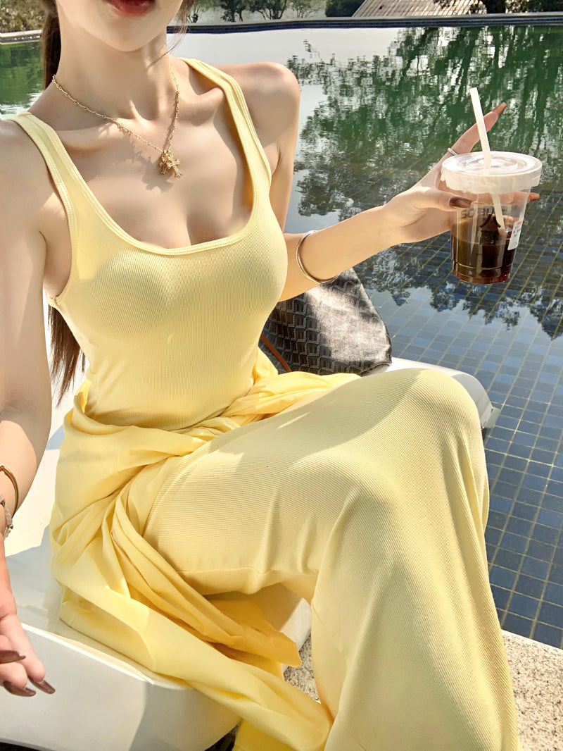 Vibrant Yellow Summer Vacation OOTD Maxi Dress Casual Everyday Wear Sheath Ribbed Knit Long Dress AP1981
