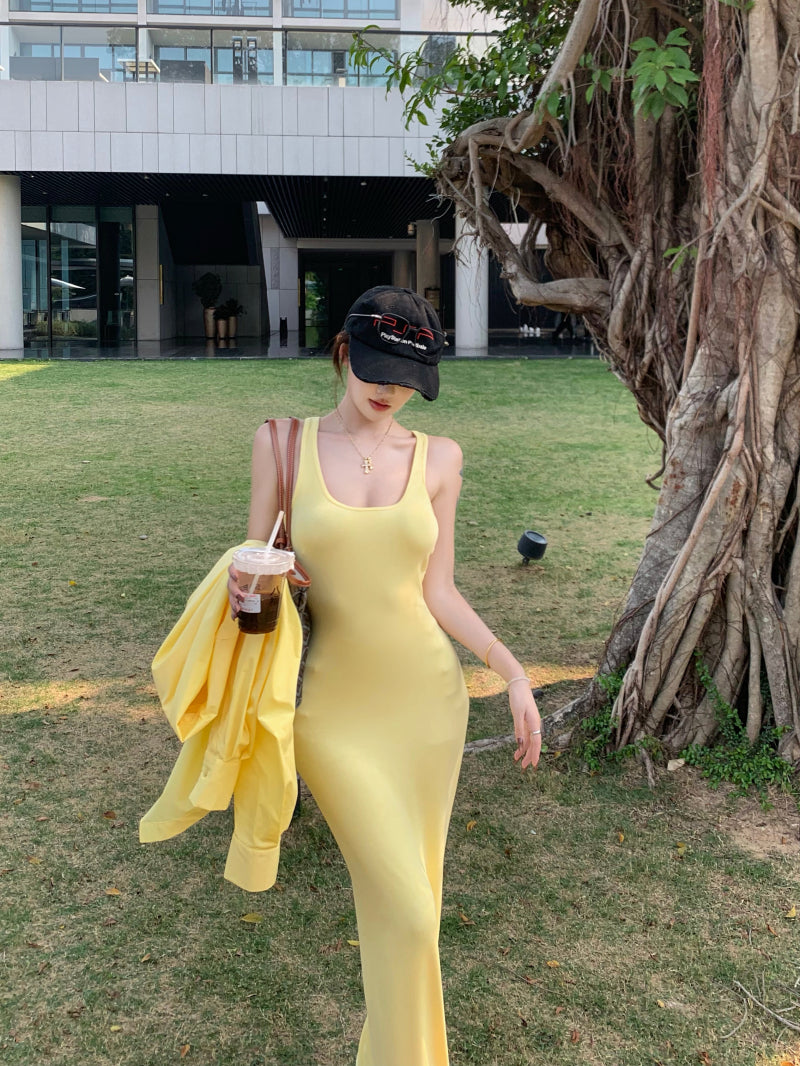 Vibrant Yellow Summer Vacation OOTD Maxi Dress Casual Everyday Wear Sheath Ribbed Knit Long Dress AP1981