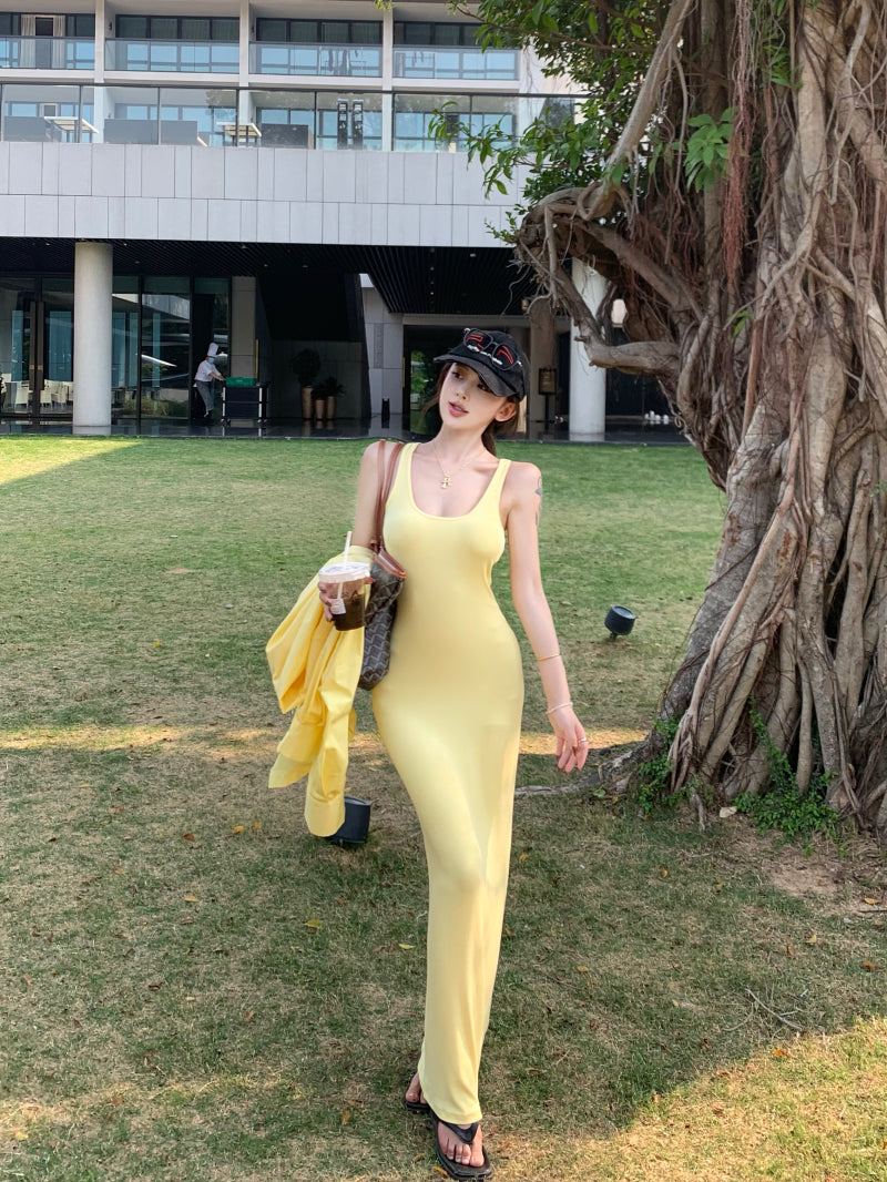 Vibrant Yellow Summer Vacation OOTD Maxi Dress Casual Everyday Wear Sheath Ribbed Knit Long Dress AP1981
