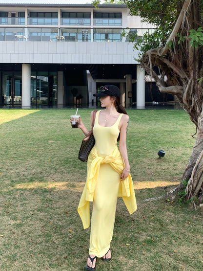 Vibrant Yellow Summer Vacation OOTD Maxi Dress Casual Everyday Wear Sheath Ribbed Knit Long Dress AP1981