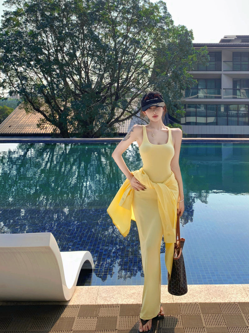 Vibrant Yellow Summer Vacation OOTD Maxi Dress Casual Everyday Wear Sheath Ribbed Knit Long Dress AP1981