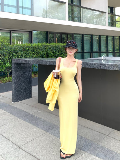 Vibrant Yellow Summer Vacation OOTD Maxi Dress Casual Everyday Wear Sheath Ribbed Knit Long Dress AP1981