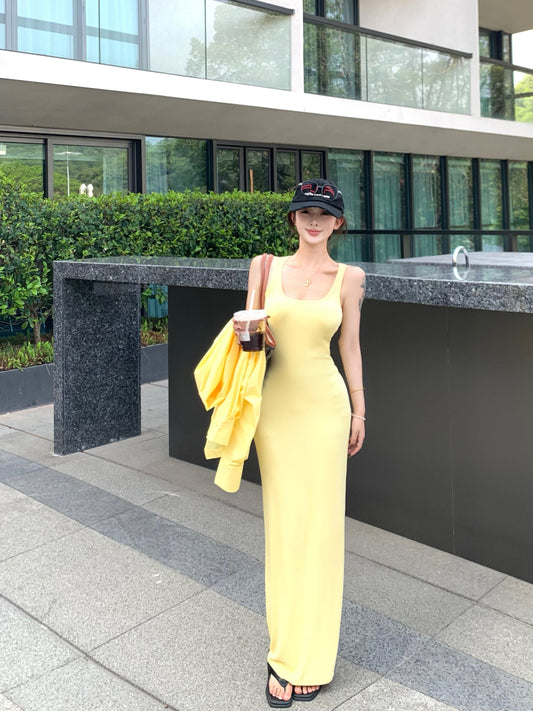 Vibrant Yellow Summer Vacation OOTD Maxi Dress Casual Everyday Wear Sheath Ribbed Knit Long Dress AP1981