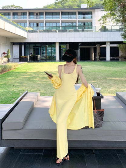 Vibrant Yellow Summer Vacation OOTD Maxi Dress Casual Everyday Wear Sheath Ribbed Knit Long Dress AP1981