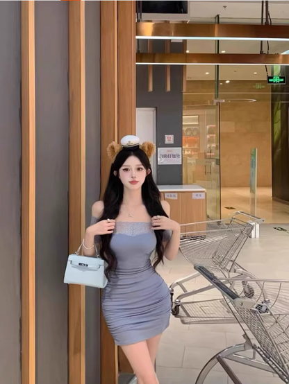 Alluring Blue Sheath Lace Splicing Mini Skirt Chic Ruched Short Sleeve Off-Shoulder Summer Outfit Short Dress AP1982