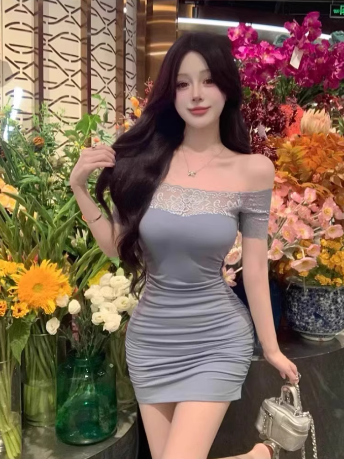 Alluring Blue Sheath Lace Splicing Mini Skirt Chic Ruched Short Sleeve Off-Shoulder Summer Outfit Short Dress AP1982