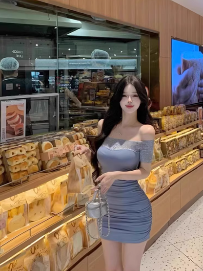 Alluring Blue Sheath Lace Splicing Mini Skirt Chic Ruched Short Sleeve Off-Shoulder Summer Outfit Short Dress AP1982