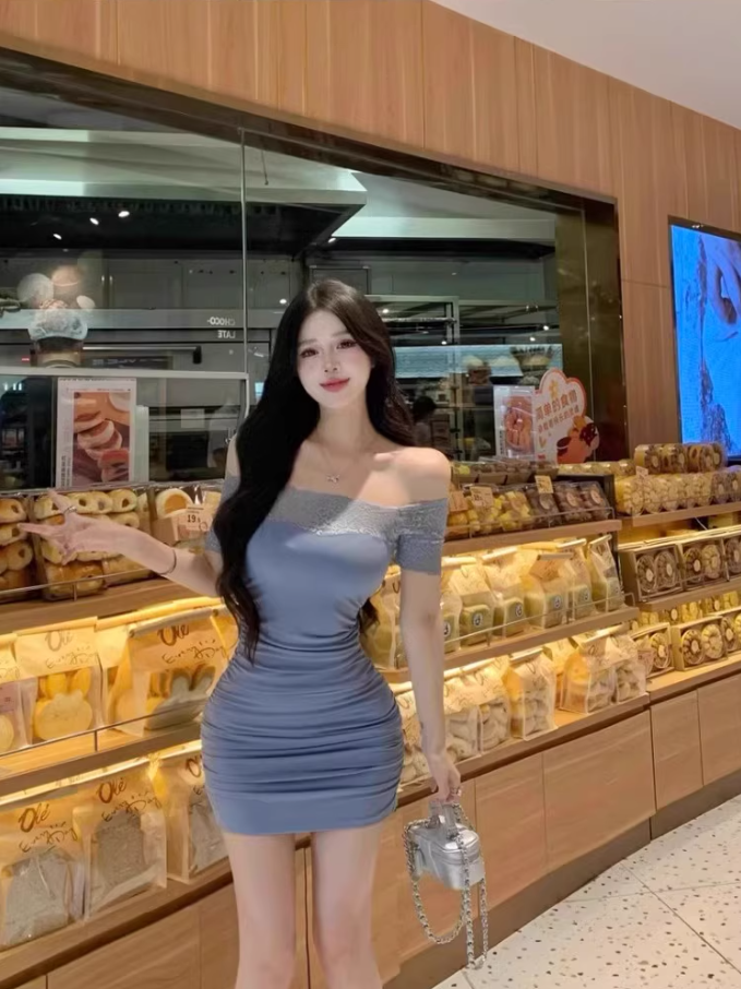 Alluring Blue Sheath Lace Splicing Mini Skirt Chic Ruched Short Sleeve Off-Shoulder Summer Outfit Short Dress AP1982