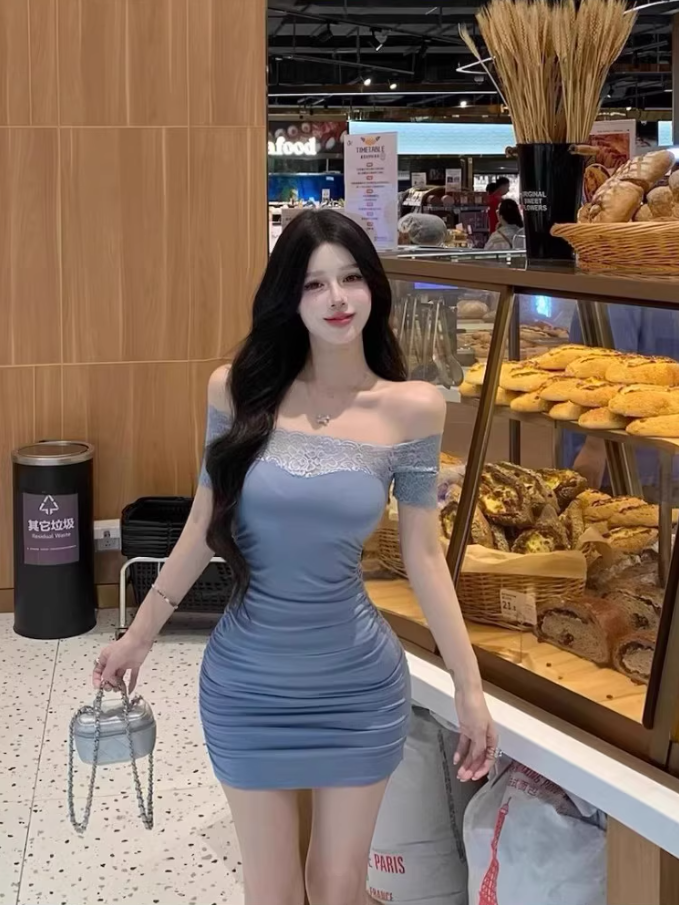 Alluring Blue Sheath Lace Splicing Mini Skirt Chic Ruched Short Sleeve Off-Shoulder Summer Outfit Short Dress AP1982