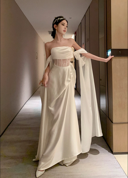 Graceful White Satin Strapless Lace Waist Panel Maxi Skirt Glamorous Evening Parties Flowing Drape Sleeves Long Dress AP1984