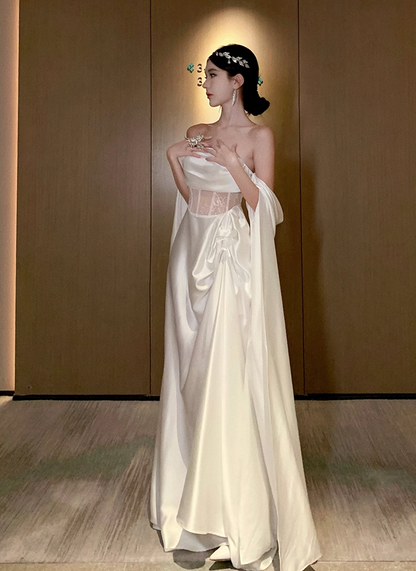 Graceful White Satin Strapless Lace Waist Panel Maxi Skirt Glamorous Evening Parties Flowing Drape Sleeves Long Dress AP1984