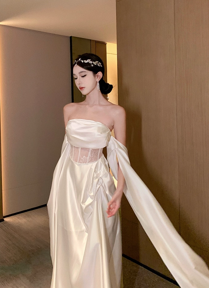 Graceful White Satin Strapless Lace Waist Panel Maxi Skirt Glamorous Evening Parties Flowing Drape Sleeves Long Dress AP1984