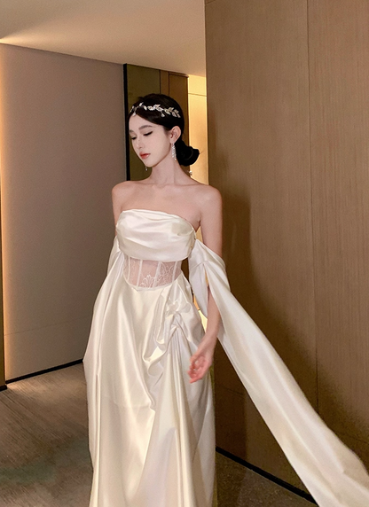 Graceful White Satin Strapless Lace Waist Panel Maxi Skirt Glamorous Evening Parties Flowing Drape Sleeves Long Dress AP1984