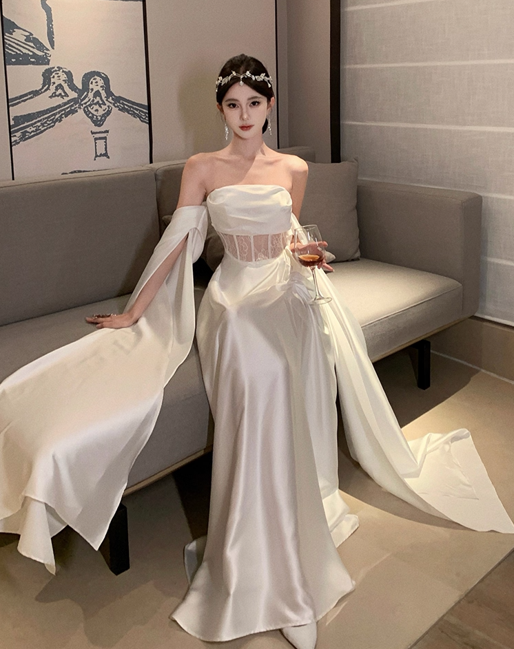 Graceful White Satin Strapless Lace Waist Panel Maxi Skirt Glamorous Evening Parties Flowing Drape Sleeves Long Dress AP1984