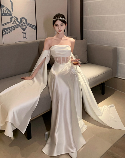 Graceful White Satin Strapless Lace Waist Panel Maxi Skirt Glamorous Evening Parties Flowing Drape Sleeves Long Dress AP1984