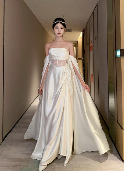 Graceful White Satin Strapless Lace Waist Panel Maxi Skirt Glamorous Evening Parties Flowing Drape Sleeves Long Dress AP1984